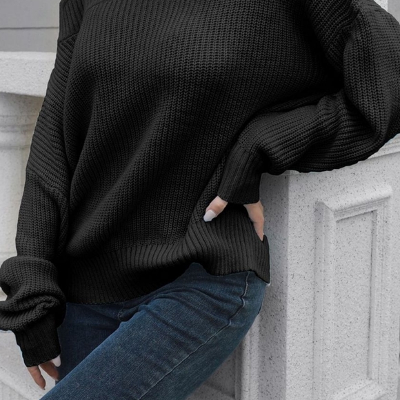 Off-Shoulder Comfort Ribbed Sweater - Black - Picture 4 of 4